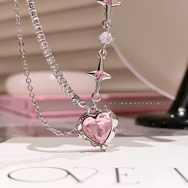 Ladies Fashion Heart Necklace Crystal Alloy Kalung Bintang