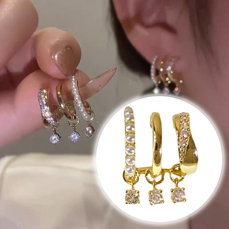 Korea Gaya Baru Zirkon Mutiara Multi-Layer Anting Geometris Untuk Wanita Kristal Menjuntai Anting Fashion Perhiasan Hadiah Pesta
