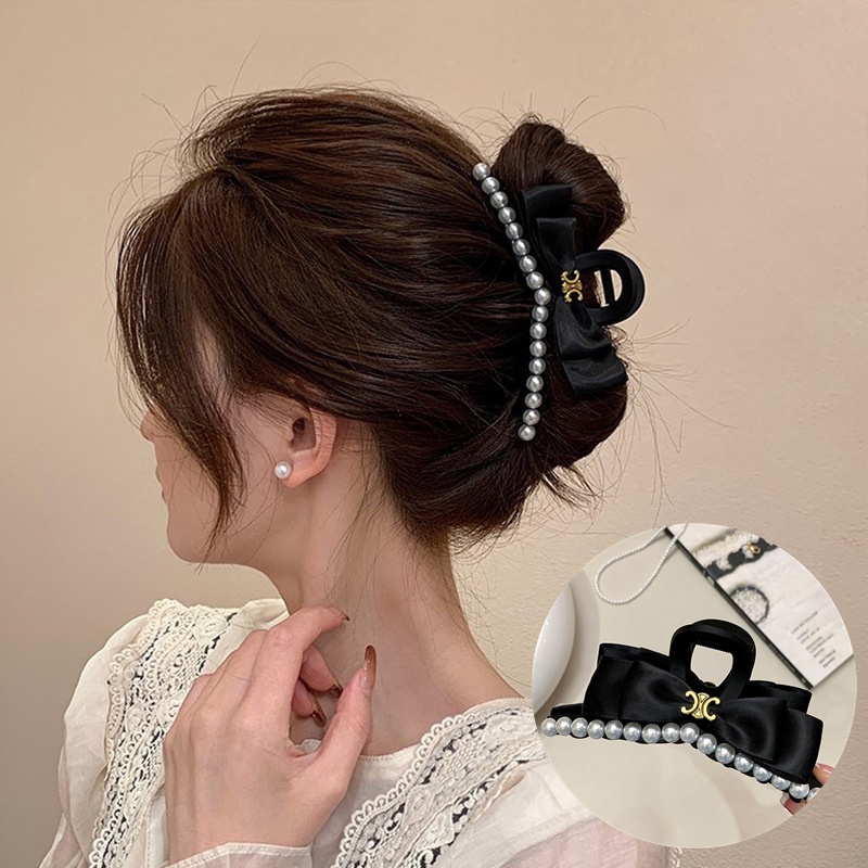 Vintage Fashion Hitam Busur Mutiara Jepit Rambut Korea Elegan Arc De Triomphe Surat Hiu Klip Aksesoris Rambut Wanita