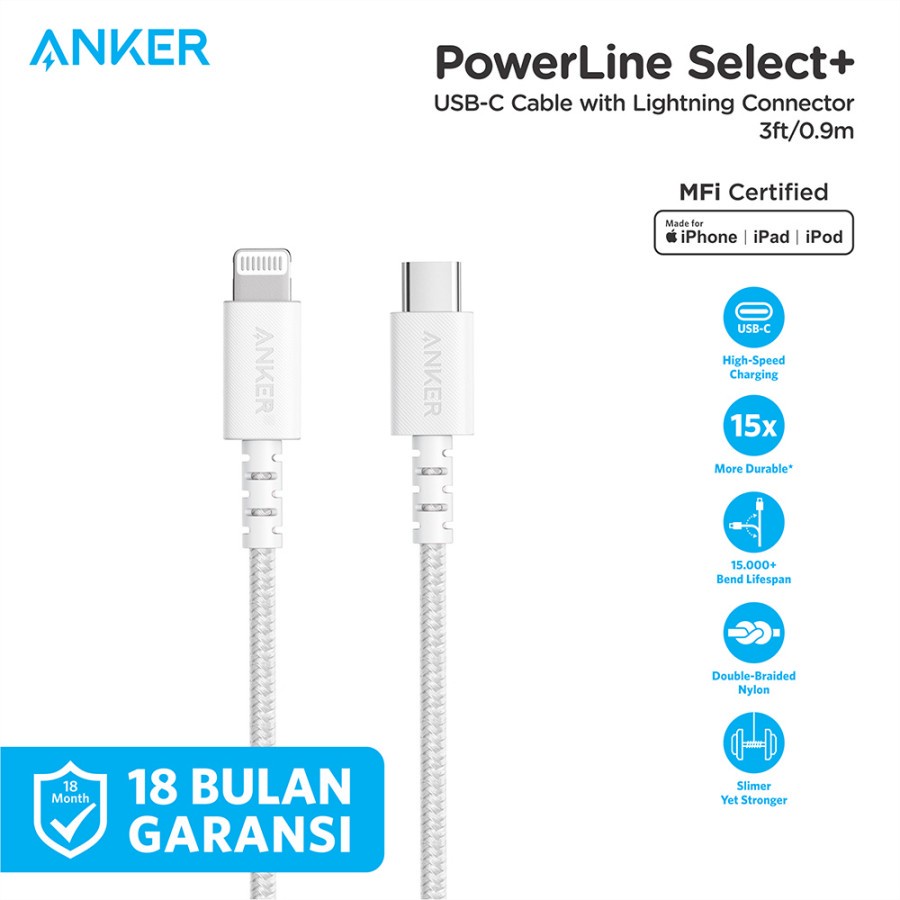 Kabel Charger Anker PowerLine Select+ C to Lightning 3ft - A8617