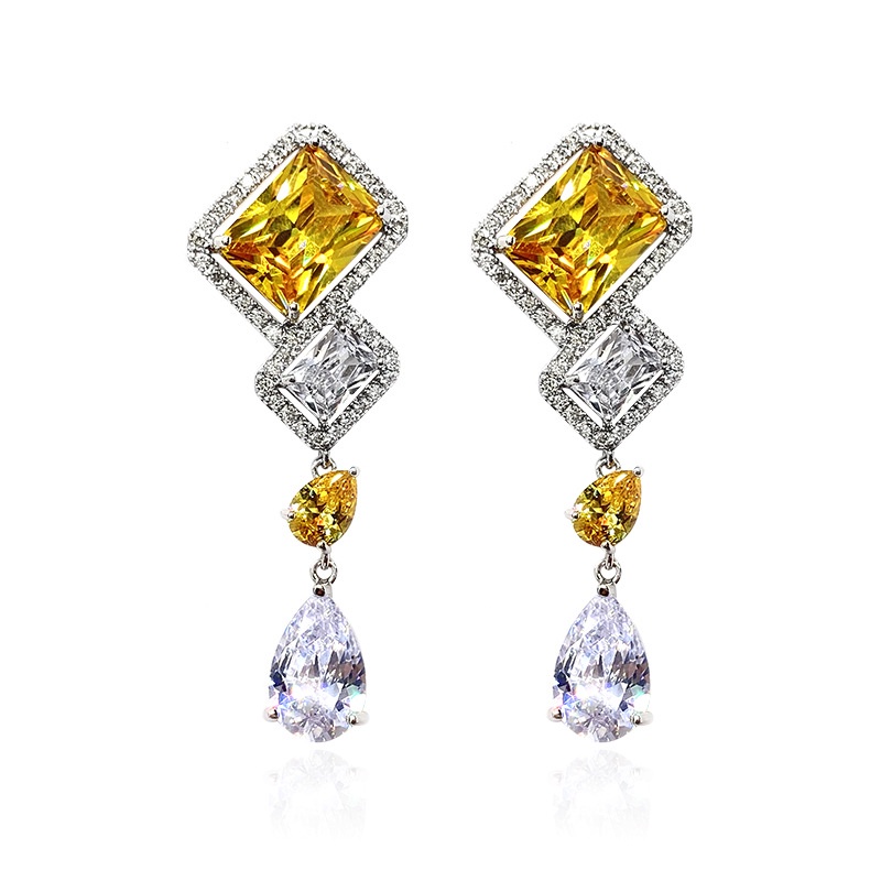 Goldkingdom Fashion Perhiasan Aksesoris Ready Stock Istana Retro Anting Kristal Batu Permata Kuning Persegi S925 Perak Jarum Elegan Perjamuan Drop Anting-Anting Untuk Wanita