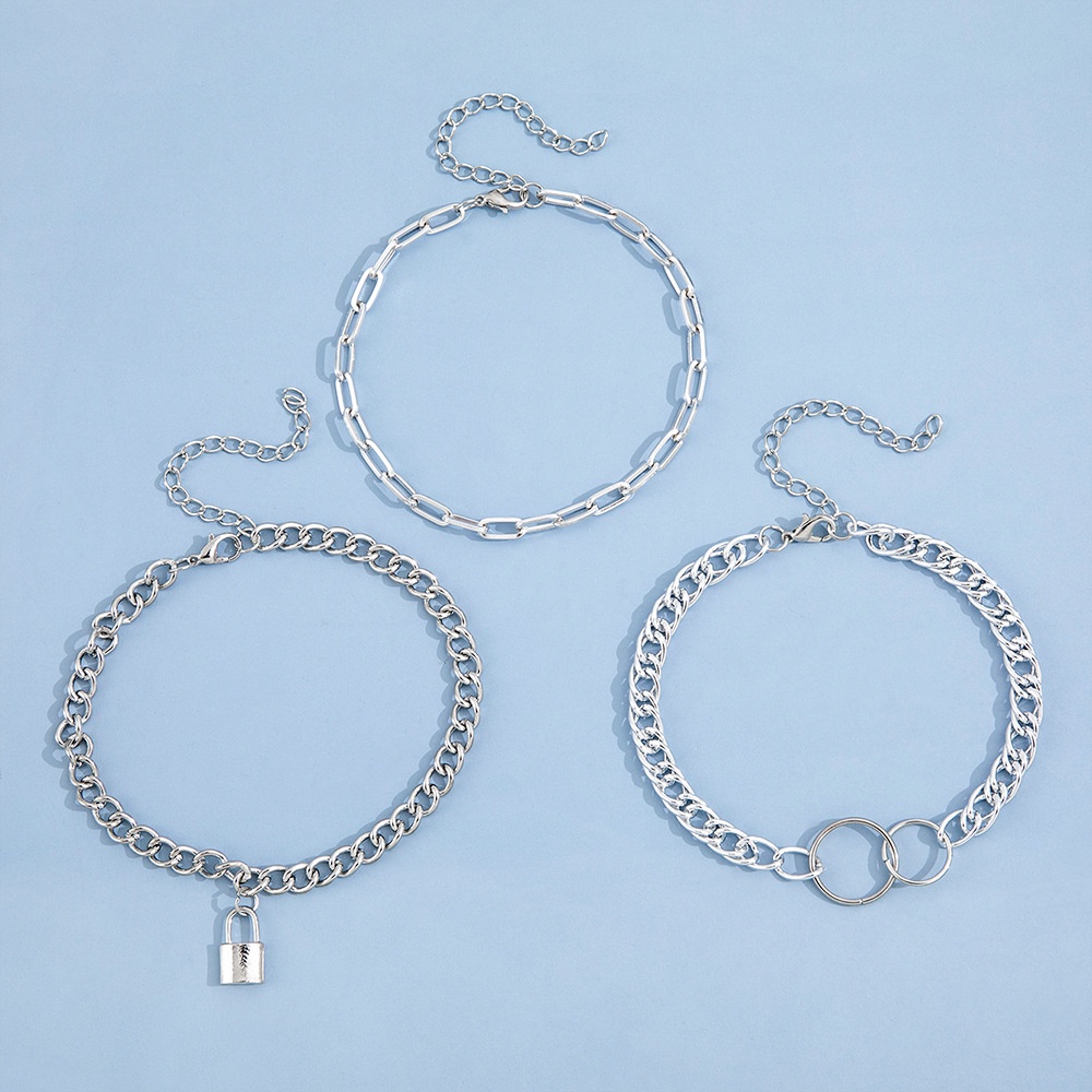 Fashion Punk Tren Kepribadian Lock Pendant Double Loop Rantai Gelang Kaki Kombinasi Tiga Potong Set