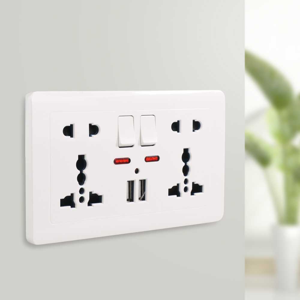 (BISA COD) FTIHSHP Wallpad Stop Kontak Universal UK EU US 2 Slot with 2 USB On/Off Switch - LC-86