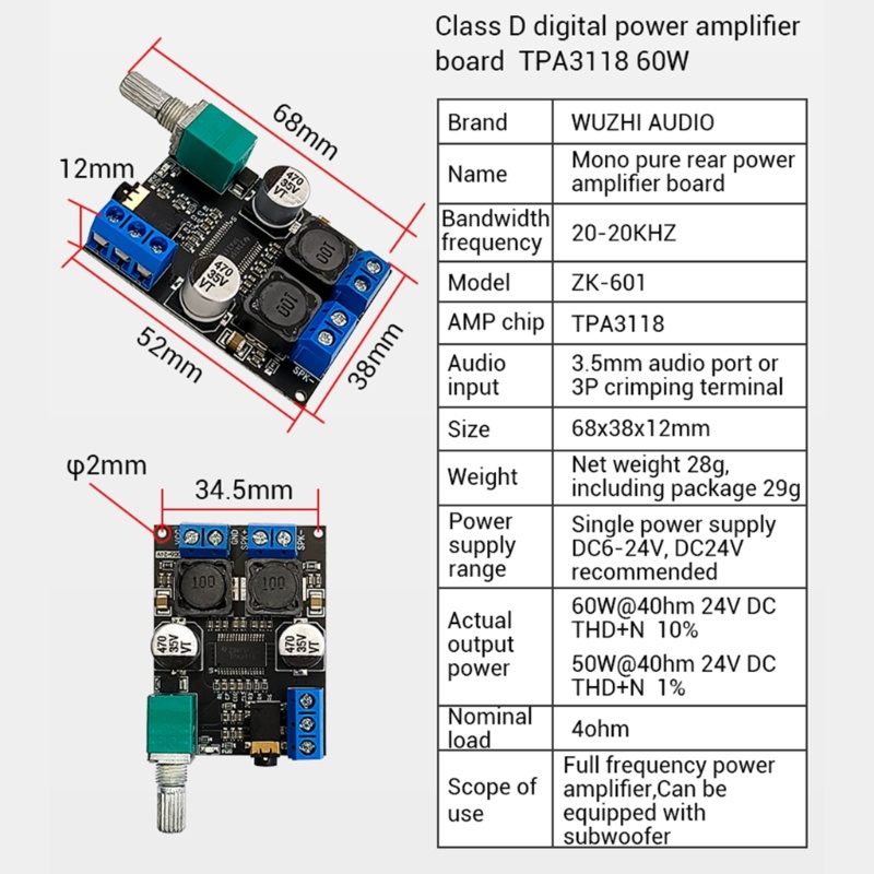 Btsg Mono Channel Digital-Power Amplifier Board 60W 12V24V Papan Kapasitas Besar