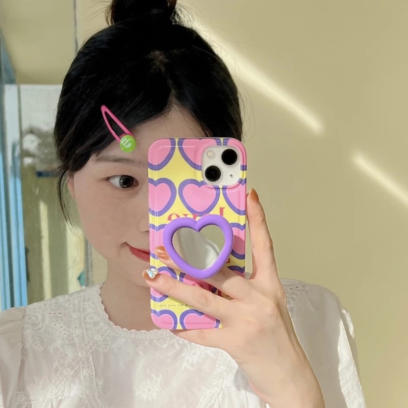 Ins Love Heart Mirror Phone Holder/Cincin Jari Korea Lembut Silikon Stretchable/Bracket Penyangga Ponsel Universal