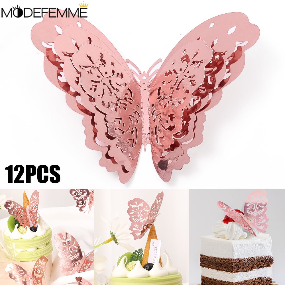 12 Pcs Rosegold 3D Butterfly Stiker Glittering Pesta Seni DIY Decals Kue Roti Dekorasi Kertas Butterfly Removable Efek Cermin Wallpaper Pintu Jendela Kulkas Dekorasi