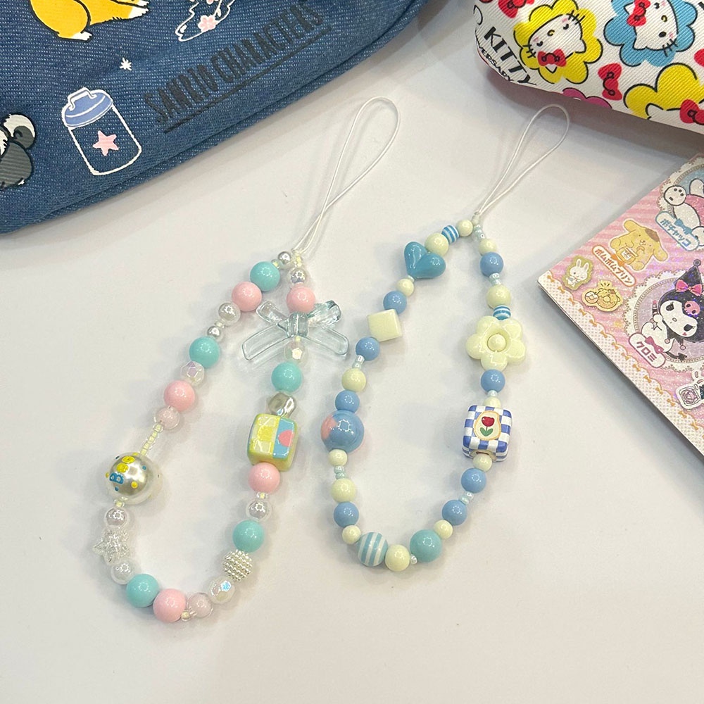 Ins Wind Beaded Mobile Phone Chain Sunflower Pearl Gantungan Kunci Hias Handphone Cord Free Punch Gratis Paking Ponsel Anti Hilang Aksesoris Ponsel Dekorasi