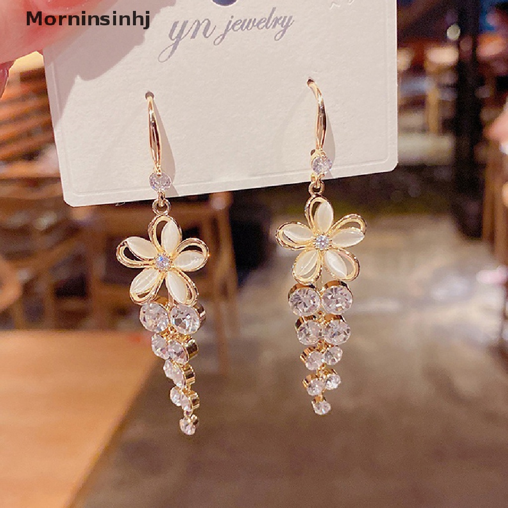 Mornin Anting Bunga Opal Akrilik Berlian Imitasi Rumbai Stud Earrings Elegan 1pasang id