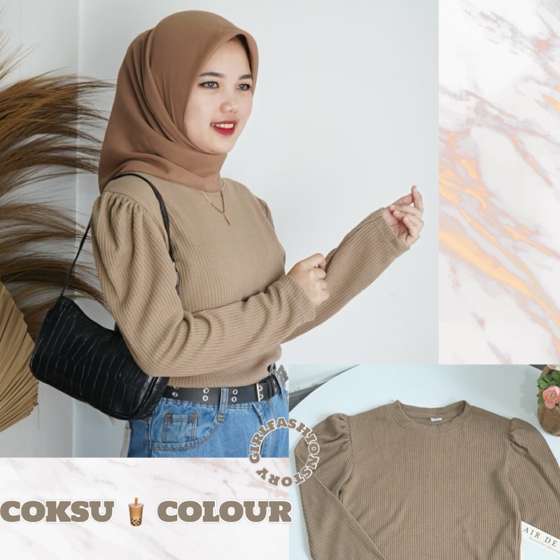 Tq88indonesia Fashion Baju Atasan Wanita Lengan Panjang KELLY POPUFF WAFFLE TOP / Blouse Polos Hitam