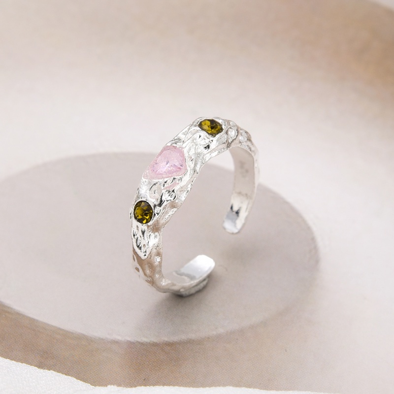 Cincin Zirkon Warna-Warni Tidak Teratur Minimalis/Cincin Adjustable Pembukaan Warna Silver Elegan/Cincin Berlian Hati Pink Trendi