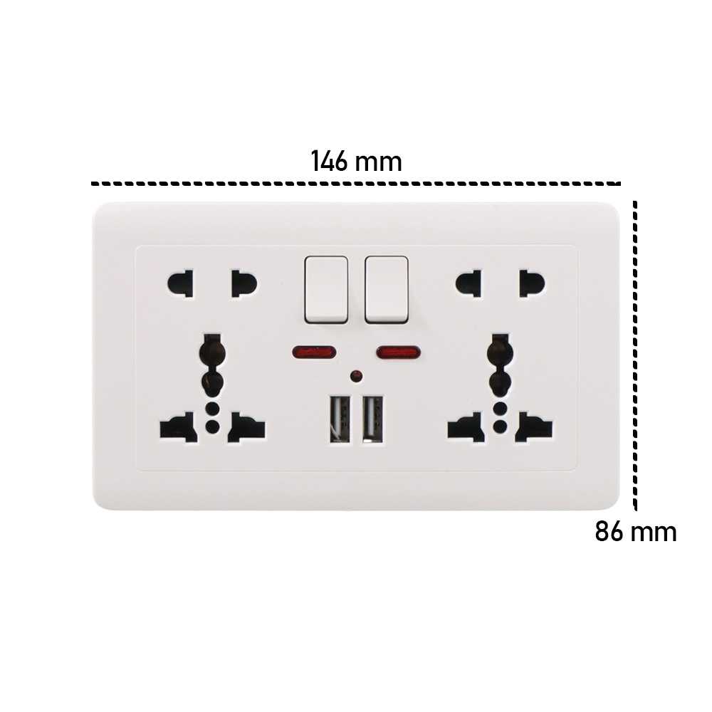 (BISA COD) FTIHSHP Wallpad Stop Kontak Universal UK EU US 2 Slot with 2 USB On/Off Switch - LC-86