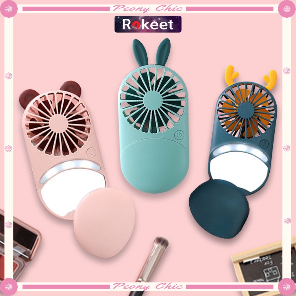 POTONGAN HARGA FASHION PREMIUM MURAH / Rokeet Kipas Cermin LED 3in1 Mini Fan Karakter Portabel Cermi
