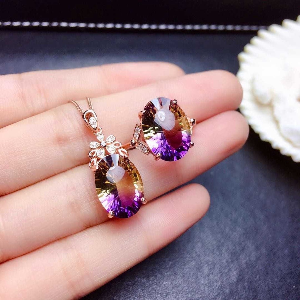 Goldkingdom Fashion Perhiasan Aksesoris Ready Stock Live Sale Baru Warna-Warni Semangka Turmalin Kalung Api Briliant Mewah Berbentuk Telur Amethyst Cincin Liontin