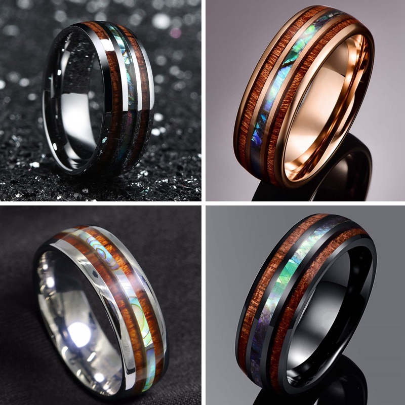 Pria Wanita Kepribadian Fashion Kayu Barel Stainless Steel Cincin Serat Kayu Hitam Bertatahkan Kepribadian Pertunangan Pernikahan Ring