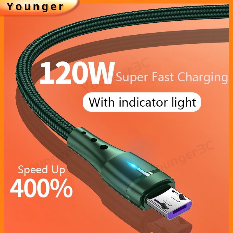 120w Kabel USB Super Fast Charging 3A Handphone Fast Charging USB C Wire Dengan Lampu Untuk Android Tipe C