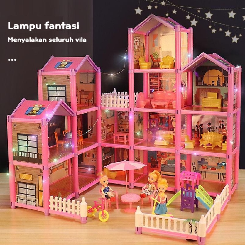 COD 105Pcs/126Pcs/162pcs Permainan Anak-anak Rumah Mainan Rumah Boneka Villa Kastil Putri Setelan Gadis simulasi Dirakit Rumah DIY Hadiah/Mainan Dream Castle Rumah Boneka DIY