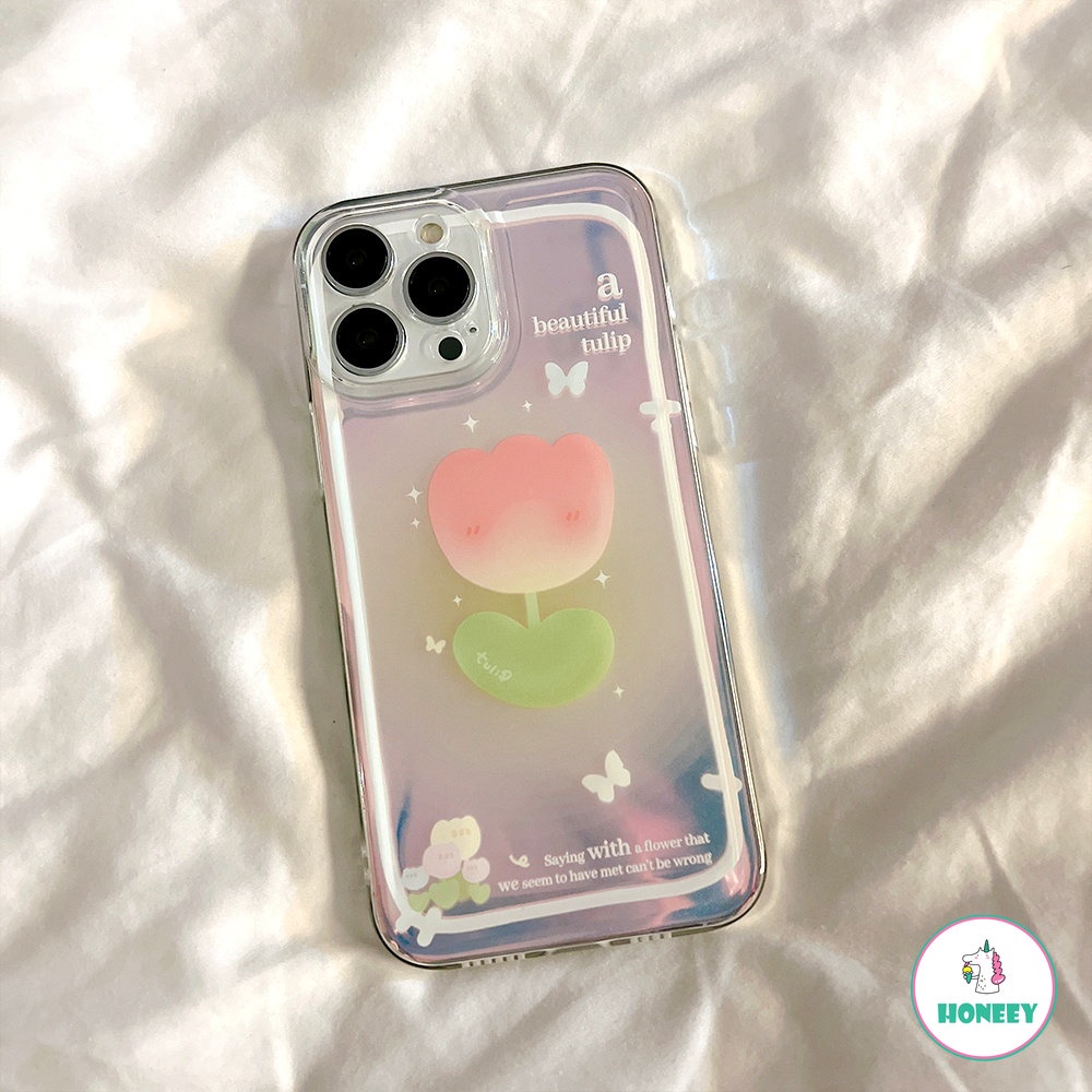 IPHONE Fashion Laser Bunga Tulip Shiny Butterfly Back Shell Untuk Iphone14 13 Pro Max Xr Xsmax X12 11 Promax7 8 Plus Casing Ponsel