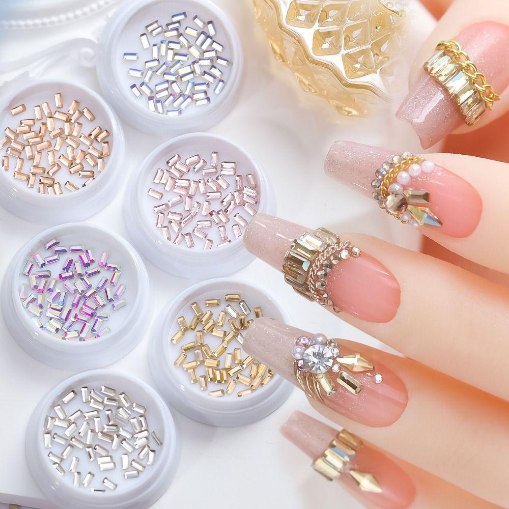 Mxbeauty Ornamen Nail Art 3D Bentuk Kristal Flatback Kaca Warna-Warni Persegi Panjang Shiny Manicure Aksesoris