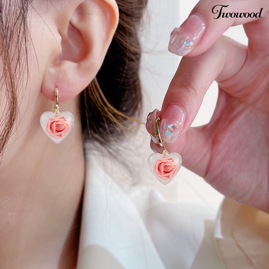 Twowood 1pasang Anting Menjuntai Transparan Berbentuk Hati Elegan Hypoallergenic Ringan Hadiah Fashion Perhiasan Putih Merah Bunga Mawar Dekorasi Drop Earrings Untuk Hari Valentine