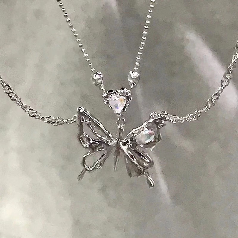 Ladies Fashion Alloy Rhinestone Heart Butterfly Necklace