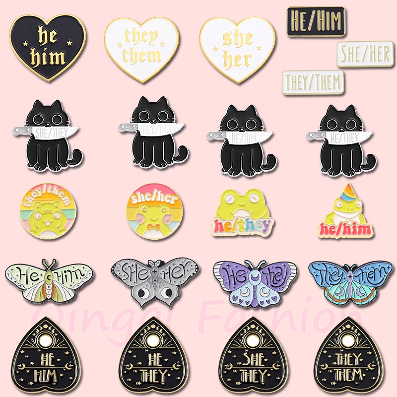 Pronounsku Enamel Pin Kartun Kucing Kupu-Kupu He Him She Her Mereka Mereka Bros Kerah Lencana Fashion Perhiasan Hadiah