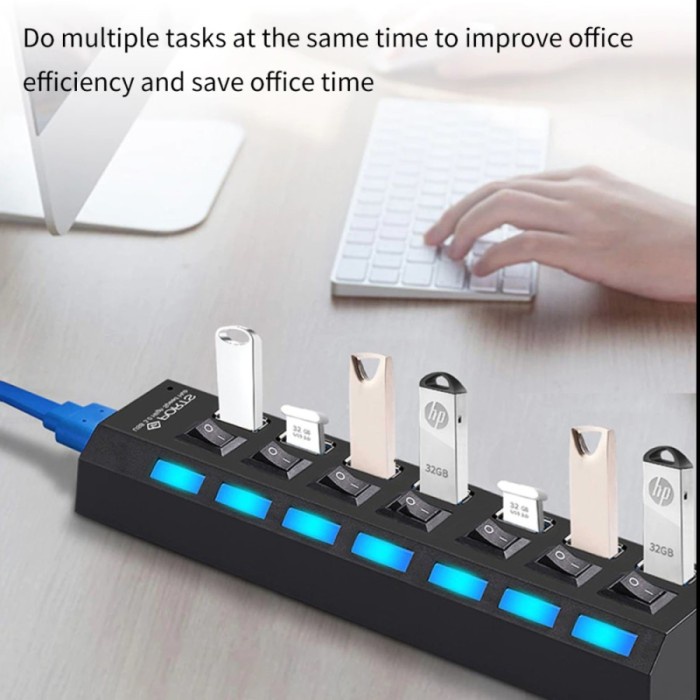 USB Hub 7 Port Output Switch On LED 2.0 PC Laptop USB Slot Extension