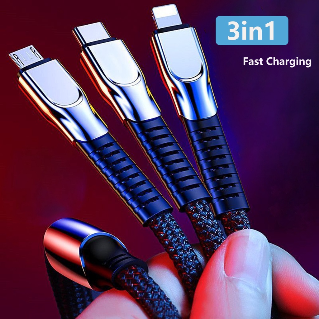 Kabel USB Data 3in1 6A Fast Charger Charging Cable Micro USB Type C Braided Kabel Pengisian Data Untuk iPhone Android Samsung Charger Kawat