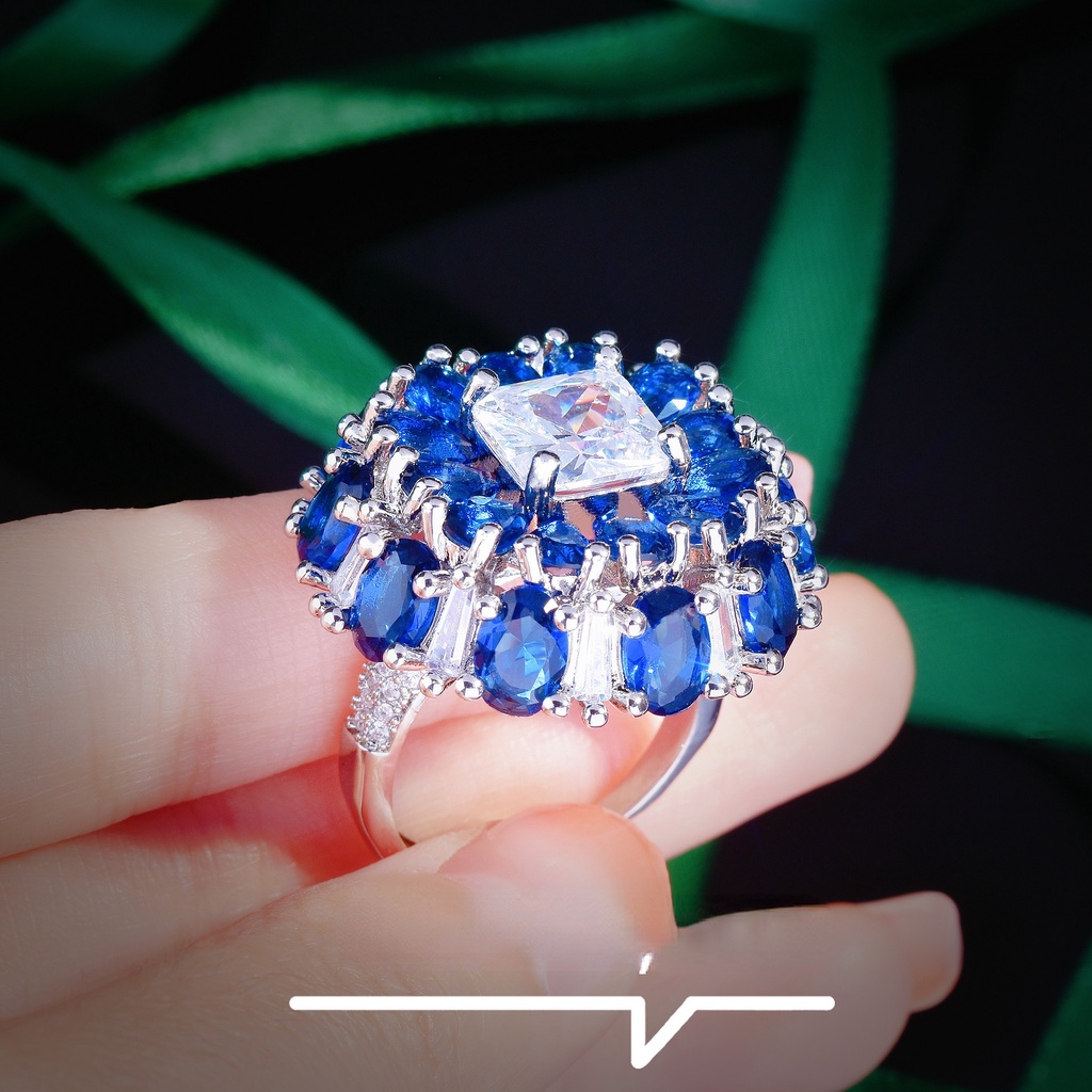 Goldkingdom Aksesoris Perhiasan Fashion Ready Stock Desain Perhiasan Cornflower Safir Cincin Elegan Perjamuan Berlian Warna-Warni Cincin