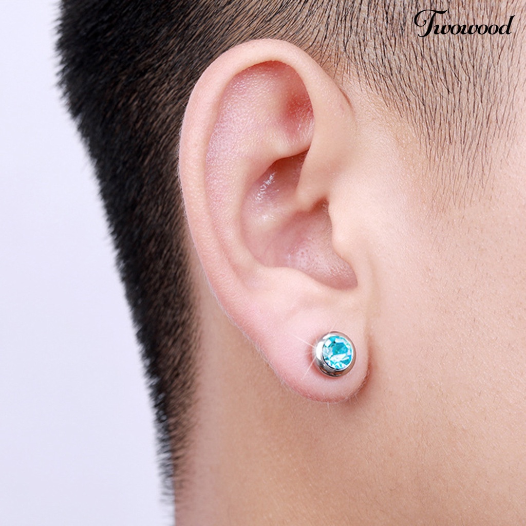 Twowood 1pasang Ear Studs Non-Piercing ic Stainless Steel Bulat Berwarna Berlian Imitasi Tertanam Pria Wanita Anting-Anting Perhiasan Fashion