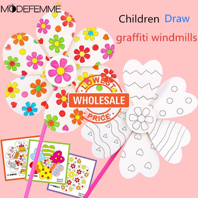 [Harga Grosir] 11Pcs/Set Mainan Kincir Angin Berwarna Dicat Tangan Anak-Anak DIY Windmill Paint Drawing Toys Blank Painting Windmill Material Painting Graffiti Coloring Toys