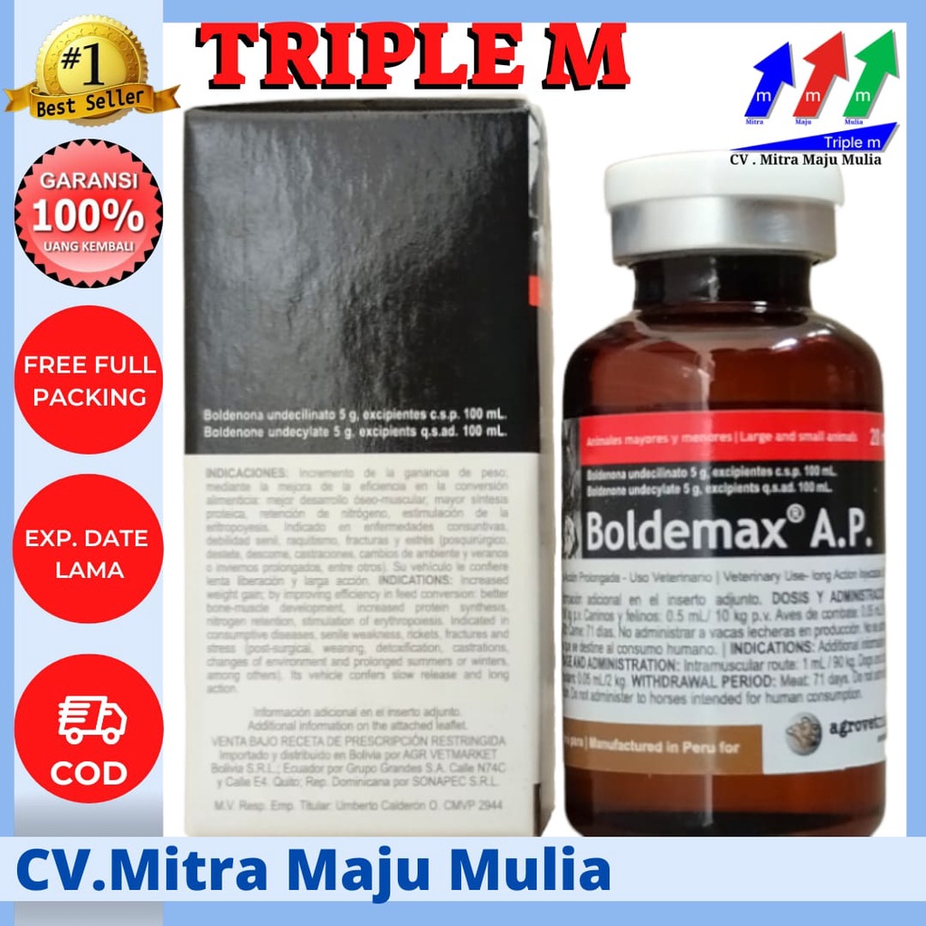 BOLDEMAX AP 20 ml Triple M - Obat Penggemuk Sapi Kambing Kuda Anjing Kucing Kelinci Hewan Babi Ayam