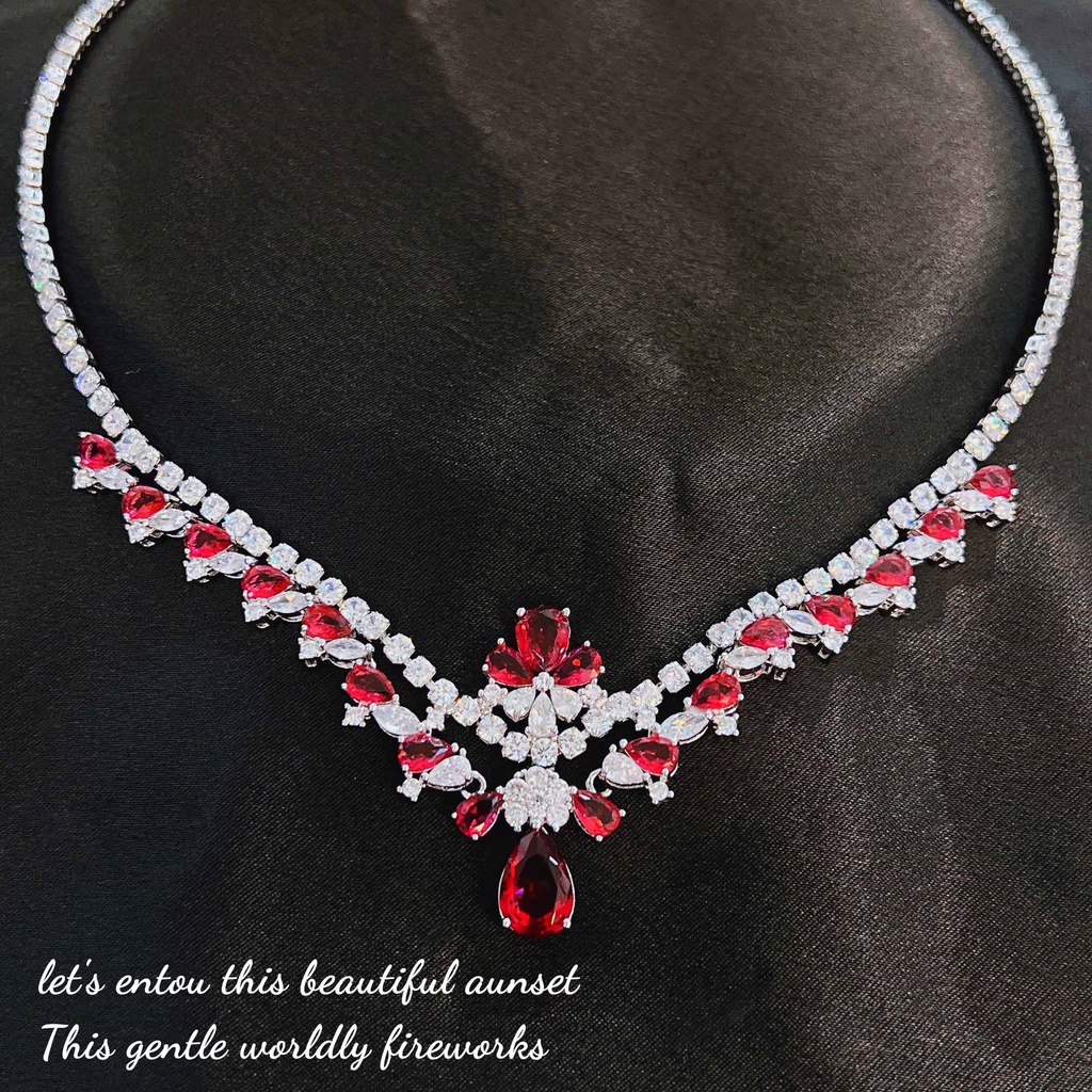 Goldkingdom Fashion Perhiasan Aksesoris Ready Stock Industri Berat Mewah Rantai Panjang Set Eropa Dan Amerika Dove Blood Ruby Banquet Engagement Bride Necklace