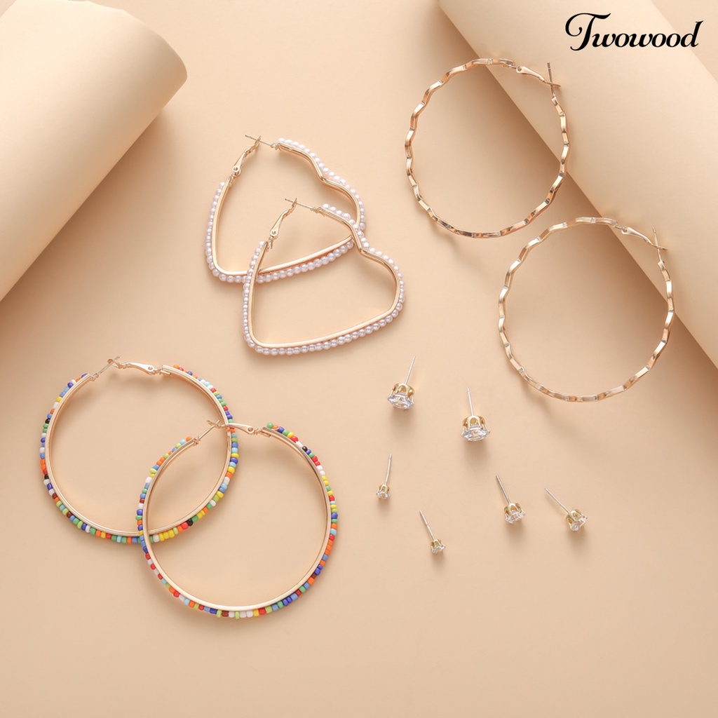 Twowood 6pasang Hoop Earrings Set Mini Beads Rhinestones Inlay Geometris Alloy Perhiasan Elegan Dress-Up Aksesoris Lingkaran Anting Telinga Studs Malam Pesta Memakai Perhiasan Hadiah