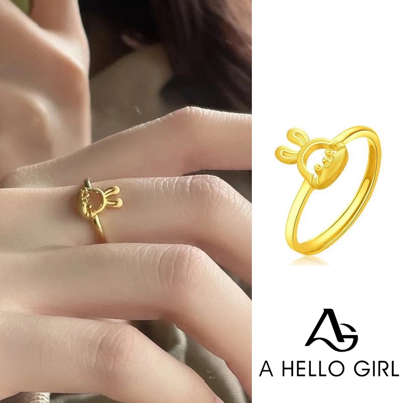 Cincin Model Terbuka Adjustable Desain Kelinci Warna Silver Untuk Wanita 2023 HELLO