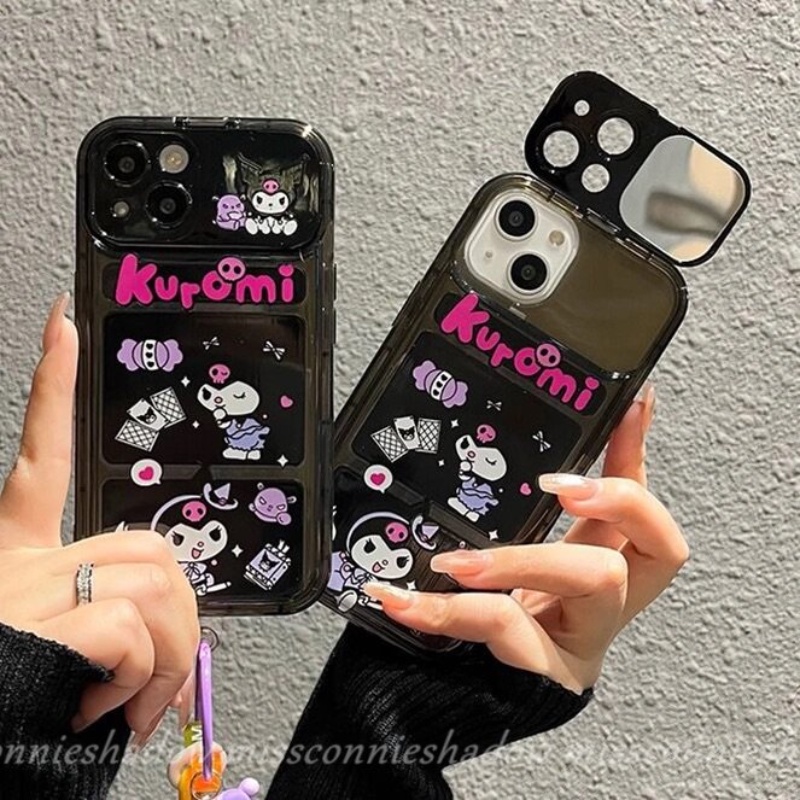 IPHONE Casing Ponsel Cermin Make Up Flip Kreatif Kompatibel Untuk Iphone11 Pro Max XR 78 Plus X XS Max 13 14 12 Pro Max SE 2020 Kartun Lucu Indah Kuromi Mirror Soft TPU Silicon Back Cover