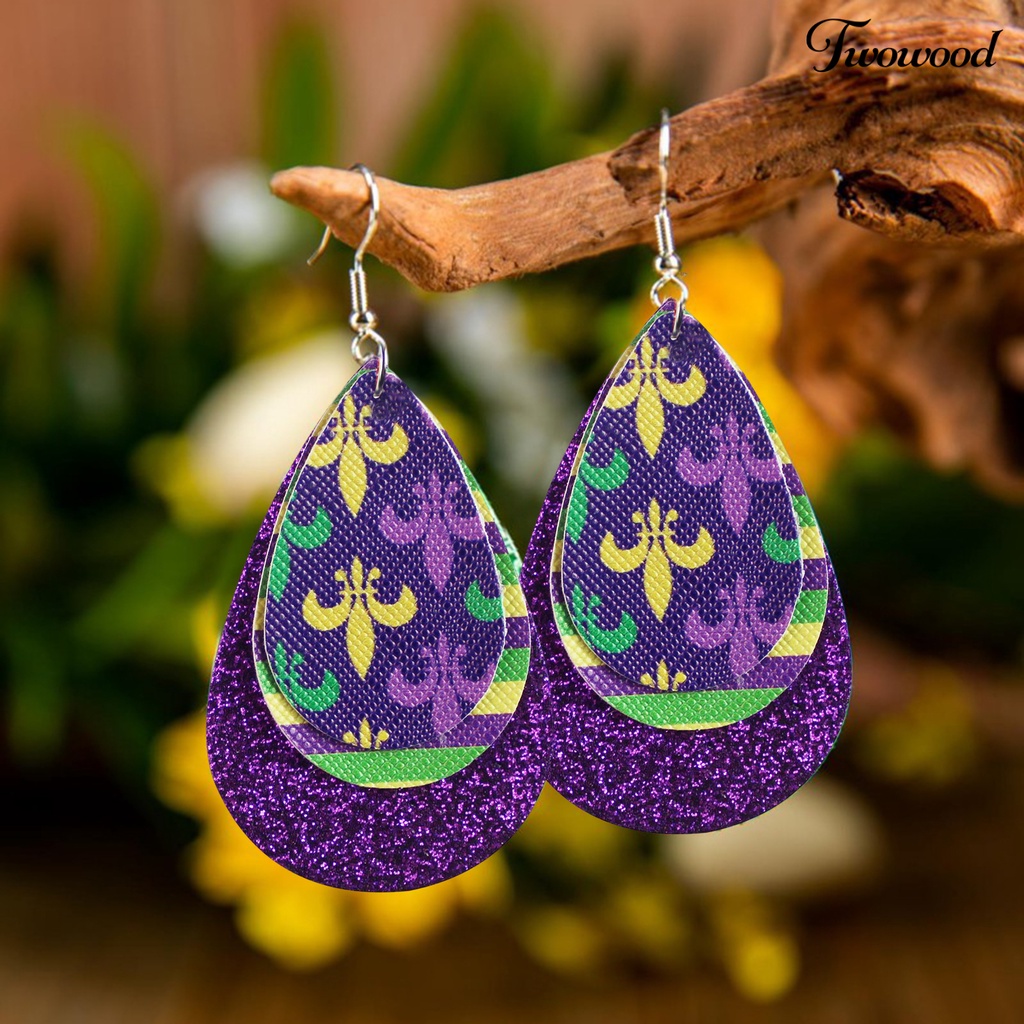 Twowood 1pasang Anting Kait Warna-Warni Glitter Teardrop Berbentuk Daun 3lapis Kulit Imitasi Menjuntai Anting Perlengkapan Karnaval