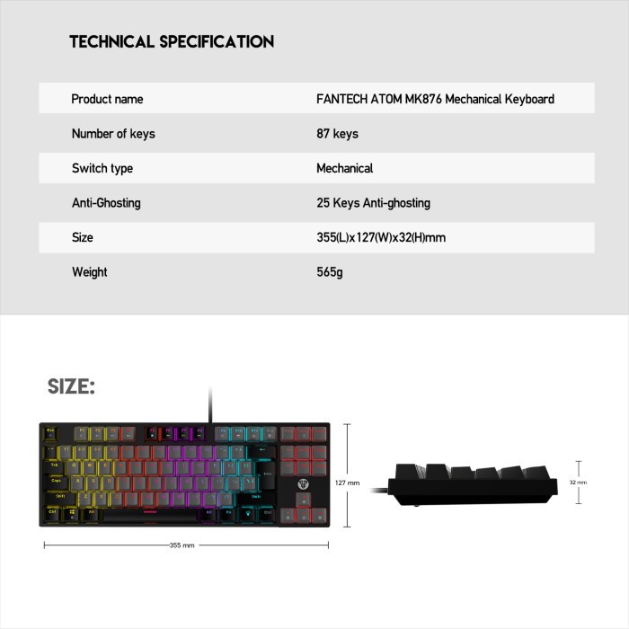 Fantech ATOM TKL MK876 Keyboard Mechanical Gaming 87 Keys