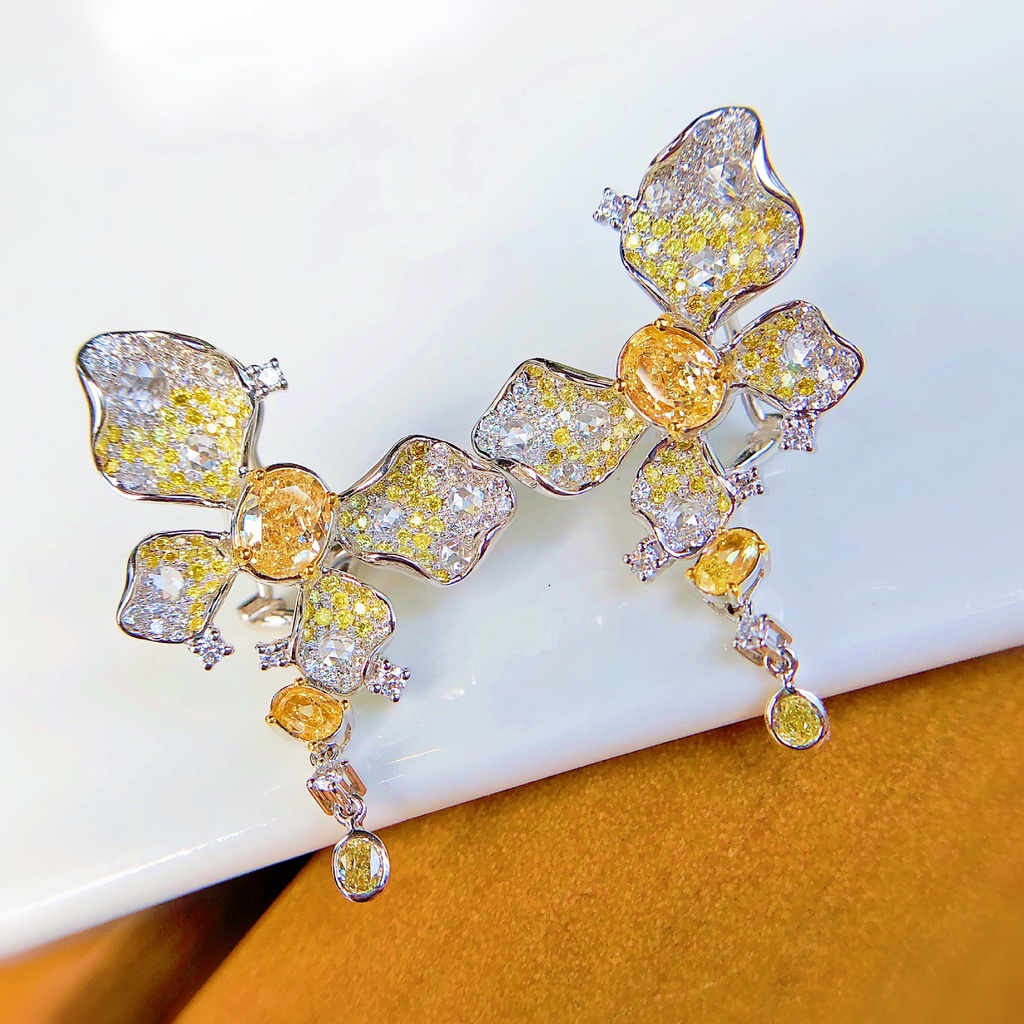 Goldkingdom Fashion Perhiasan Aksesoris Ready Stock Mewah Definisi Tinggi Perhiasan Gaya Super Peri Desain Kupu-Kupu Perempuan Anting Pejantan Mikro Bertatahkan Berlian Kuning Anting