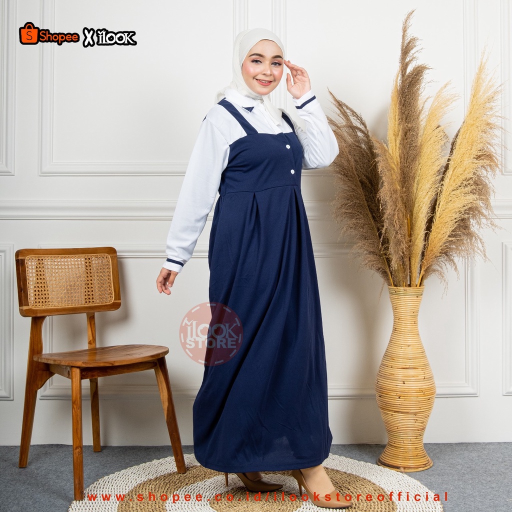 ilook | Alisha Dress | Gamis Remaja Simple Terbaru | Viola Maxi | Dress Wanita Busui Polos Bahan Ity Crepe Model Overall