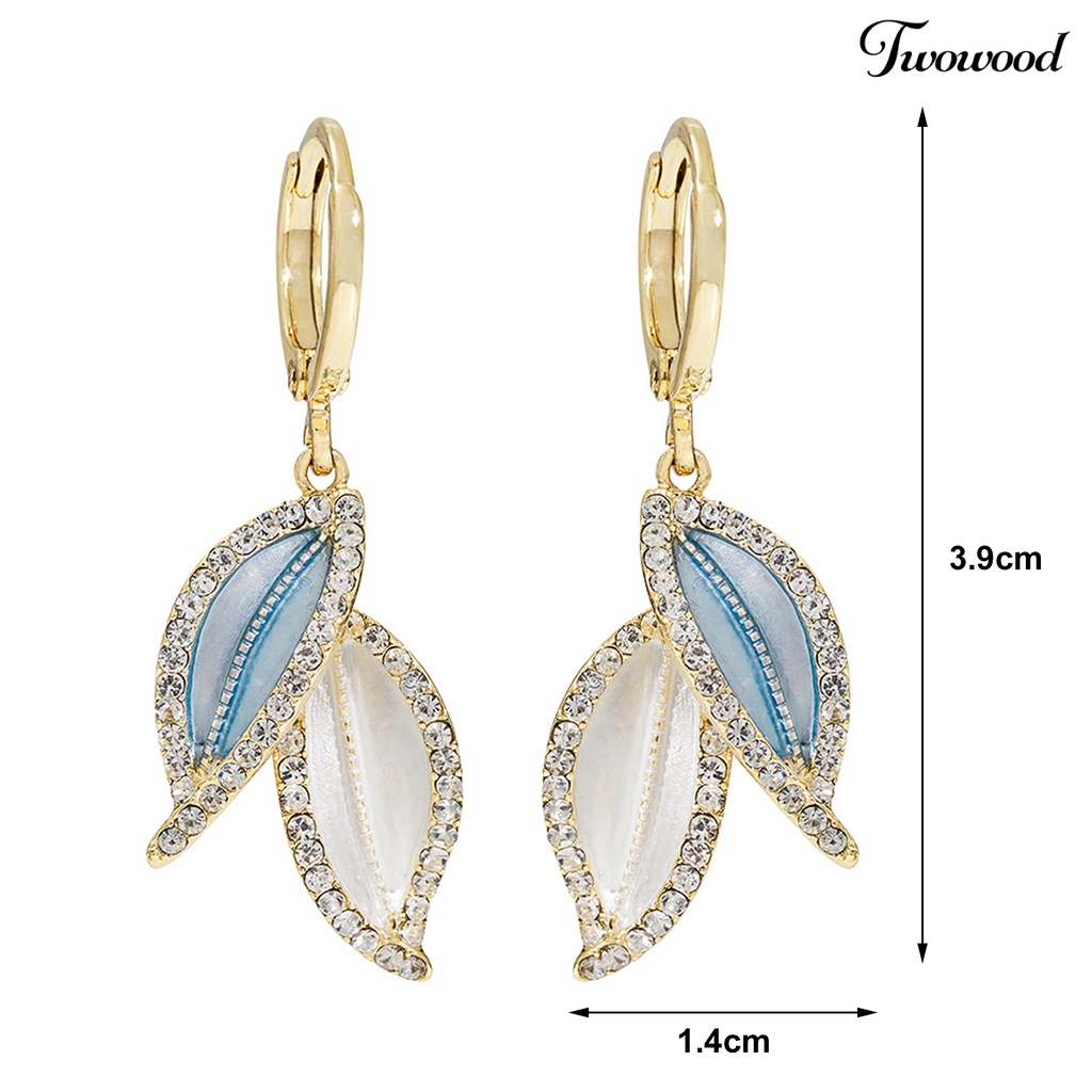 Twowood 1pasang Anting Menjuntai Gaya Retro Elegan Temperamen Hadiah Berkilau Berlian Imitasi Daun Biru Wanita Drop Earrings Perhiasan Aksesoris