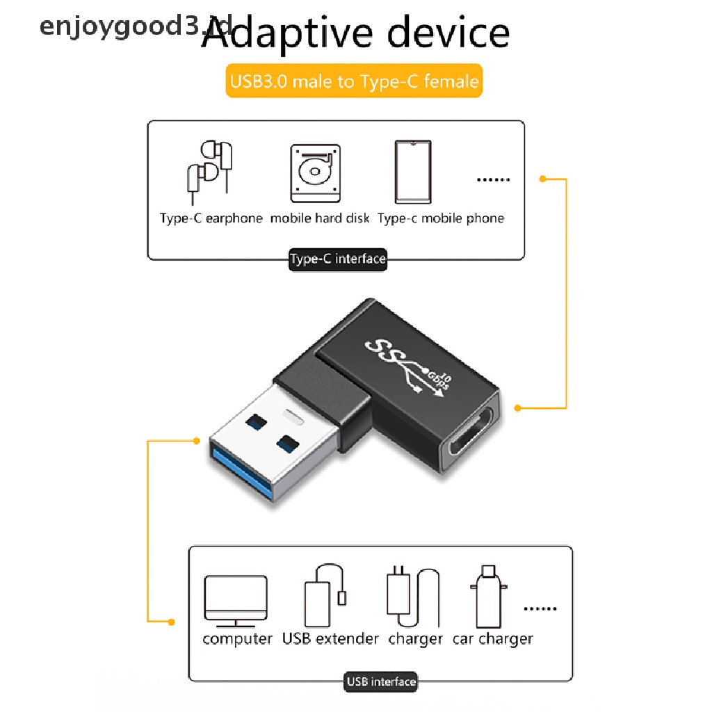 [Rready Stock] Adaptor OTG USB 3.1 Tipe C Female Ke USB 3.0 Male Converter 10Gbps Tipe C Ke USB 3.0 90derajat Siku Untuk Konektor USB C OTG (ID)