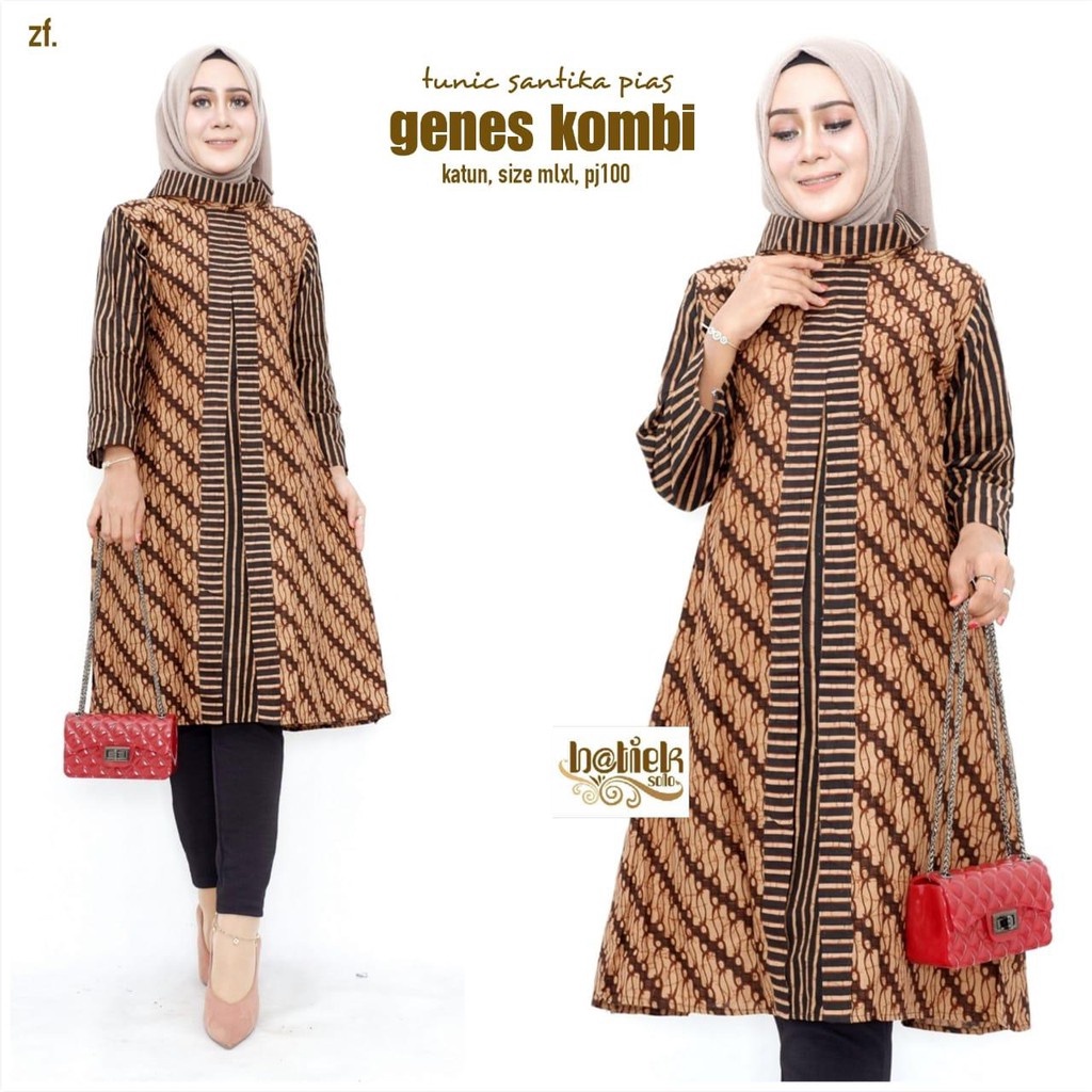 Dress Tunik Batik Wanita Santika Pias Genes Kombinasi Motif Parangsujiwo Bahan Katun