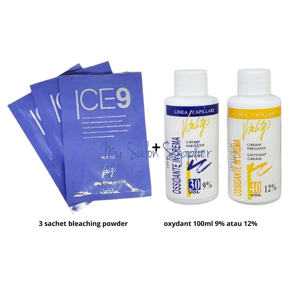 1 Set (3pc Vitality's Vitalitys Ice9 Bleaching Powder Sachet 20g + Peroxide Oxidant Developer 100ml)