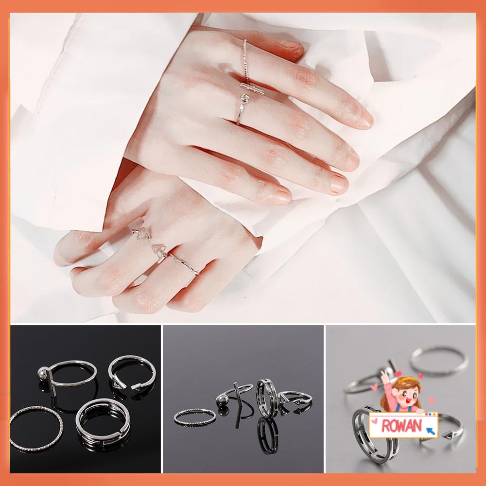 R-flower 4Pcs/Set Cincin Kawin Pertunangan Hari Valentine Hadiah Berongga Segitiga Perak Kesederhanaan Adjustable Open Ring