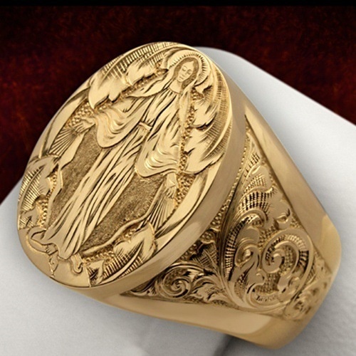 Goldkingdom Aksesoris Perhiasan Fashion Ready Stock Elegan Netral Cincin Berlapis Emas Virgin Mary Berkah USA Emblem Handcarved Cincin Religi