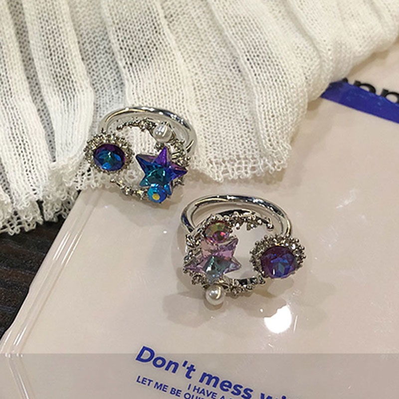 Fashion Cincin Jari Batu Biru Bulan Bintang/Cincin Terbuka Adjustable Matahari Elegan Perhiasan Mewah Untuk Gadis