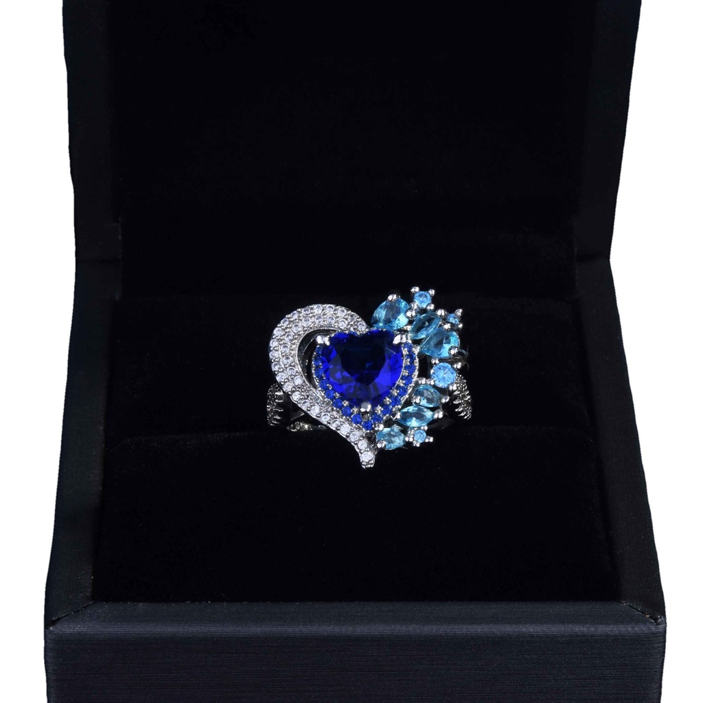 Goldkingdom Aksesoris Perhiasan Fashion Ready Stock High-end Simulasi Biru Tua Tanzanite Berwarna Permata Cincin Terbuka Berbentuk Cinta Penuh Berlian Perempuan Cincin.