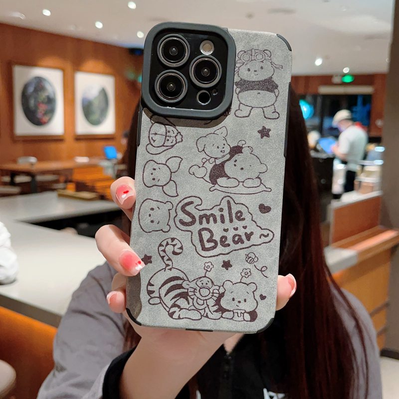 Gray Black Leather Soft Case for IPhone 7 Plus 8 Plus X XS XR XS Max 11 13 12 14 PRO Max 14 Plus SE 2020 2022 Cute Disney Gray Grey Winnie The Pooth Bear