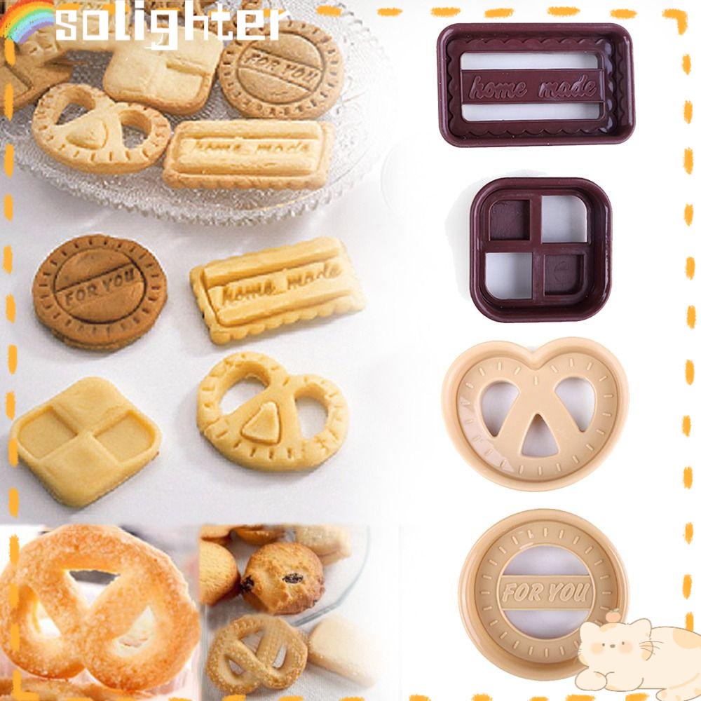 Solighter 4pcs/set Gula Denmark DIY Makanan Fondant Cookie Cutter Cetakan Kue Plunger Persegi Panjang Berbentuk Hati Desain Biskuit Cetakan