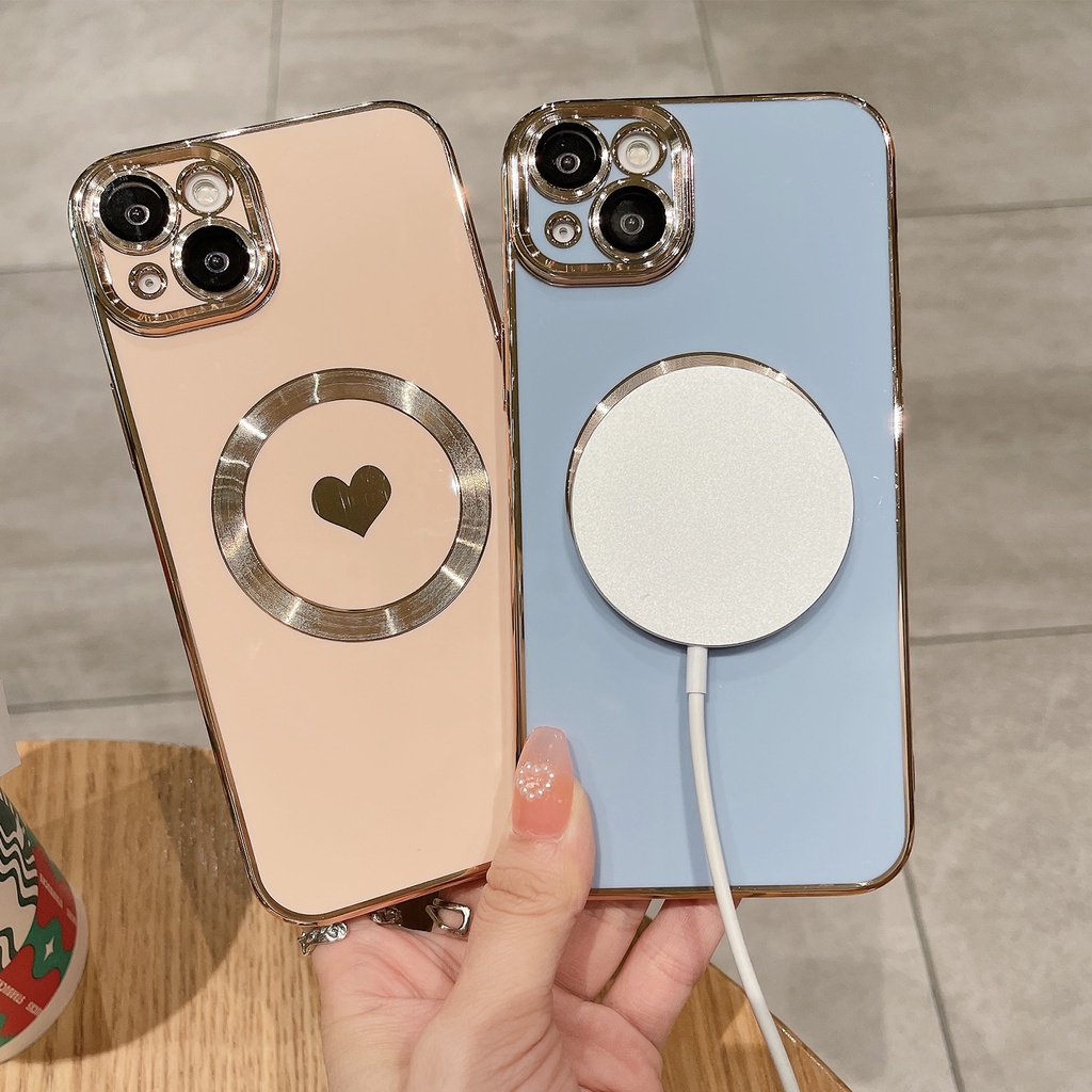 IPHONE Untuk Ma Wireless Charging Plating Case Untuk Iphone14 13 12 11 Pro Max XR XS Max X8 7 Plus Magnetik Cinta Hati Soft Cover